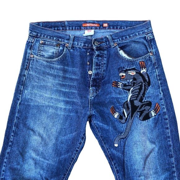RARE Ed Hardy Embroidered Jeans Size 36 'Panther Claw' Blue - Picture 1 of 8